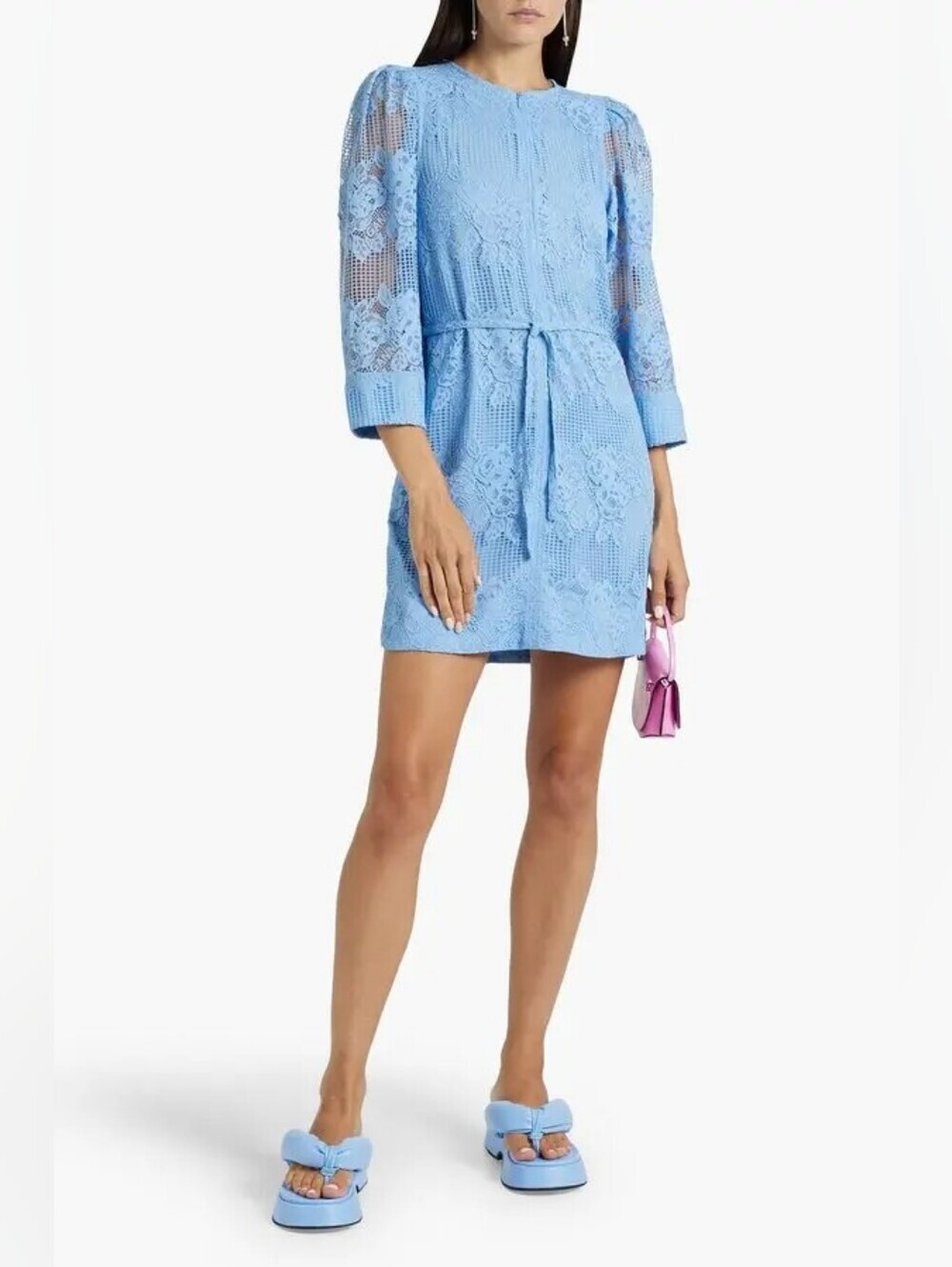 GANNI NWT Belted Lace Mini Dress XS Placid Blue Front Zip Designer Lace Dress